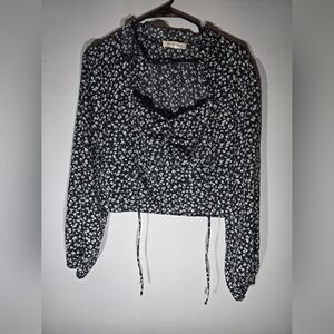 Floral Black Blouse Tie Collar